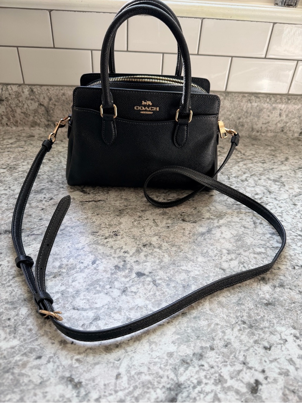 Coach Black Leather Crossbody Tote with Gold Hardware